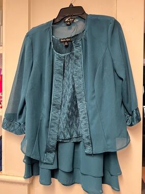 Dana Kay Teal Pleated Front Blouse with Matching Open Jacket